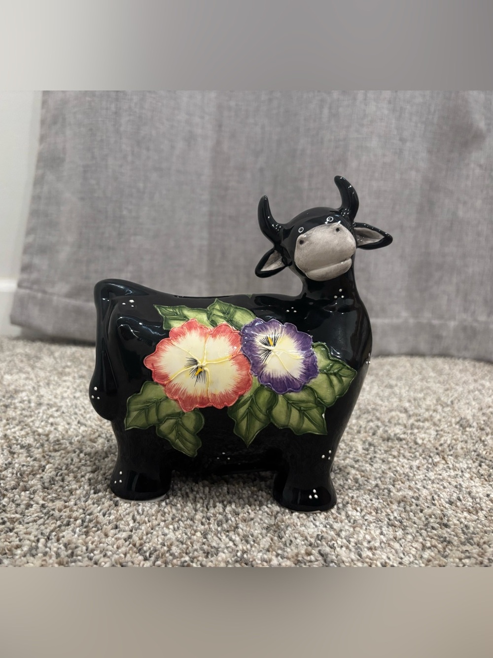 Black Ceramic Cow Figurine with Hand-Painted Floral Detail Money Saver Bank